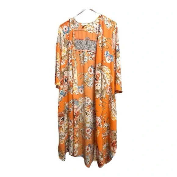 Floral Orange Women's Robe open kimono style large