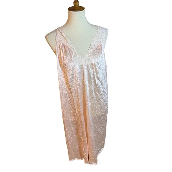 Vintage Pink Satin Lace Trim‎ Nightgown Sleep Dress Lingerie Sexy large