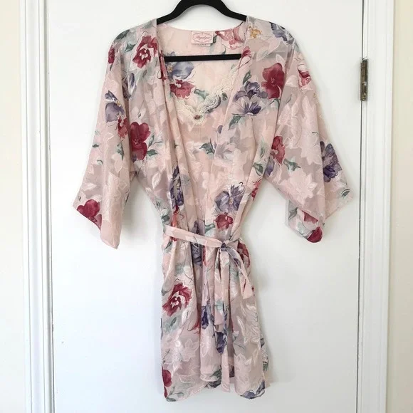 Angelique Vintage Floral‎ Robe & Slip Set Pink Jacquard Lace Trim Large made USA