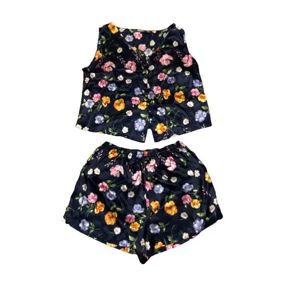 VTG Honors Intimates XL Pajama SET Top Sleep Shorts Silky Satin Navy Floral E25
