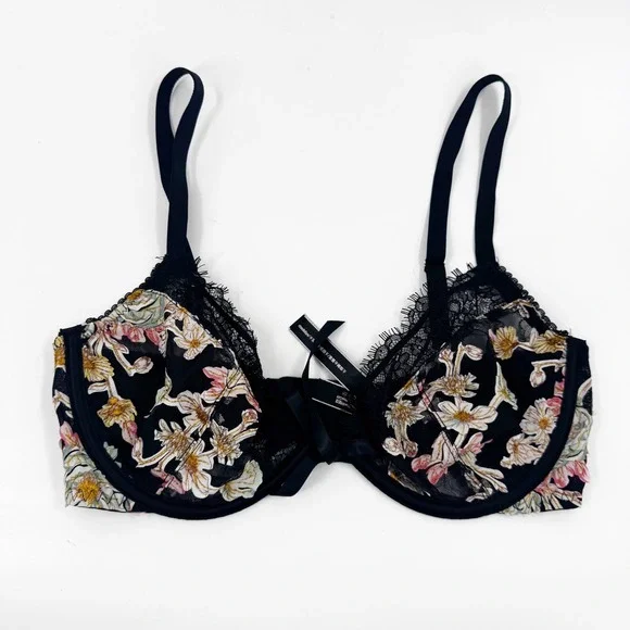 Victoria's Secret Dream Angels Low Cut Demi Bra 32DD Black Floral Lace Unlined