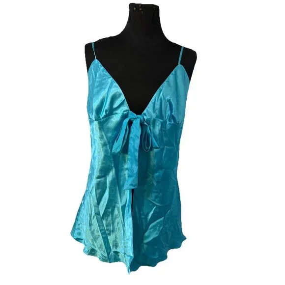 VICTORIA'S SECRET Babydoll Blue SATIN Nightgown Slip Dress Open‎ Tie Front VTG