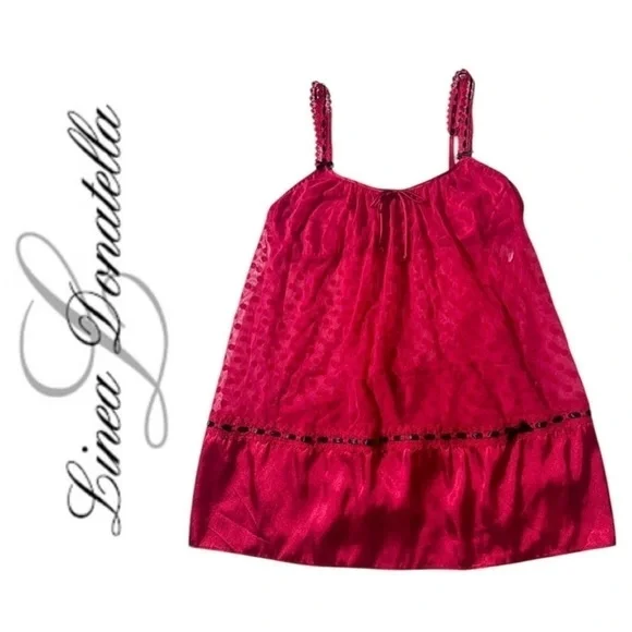 LINEA DONATELLA Entice Me Red Dot Semi Sheer Chemise Lace Bra Cami Women's M