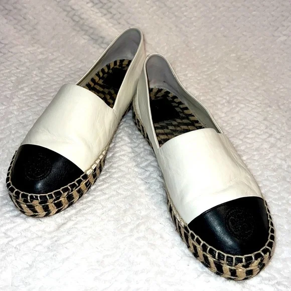 Tory Burch Colour Block Logo Platform Espadrilles Size 9m Black White Leather
