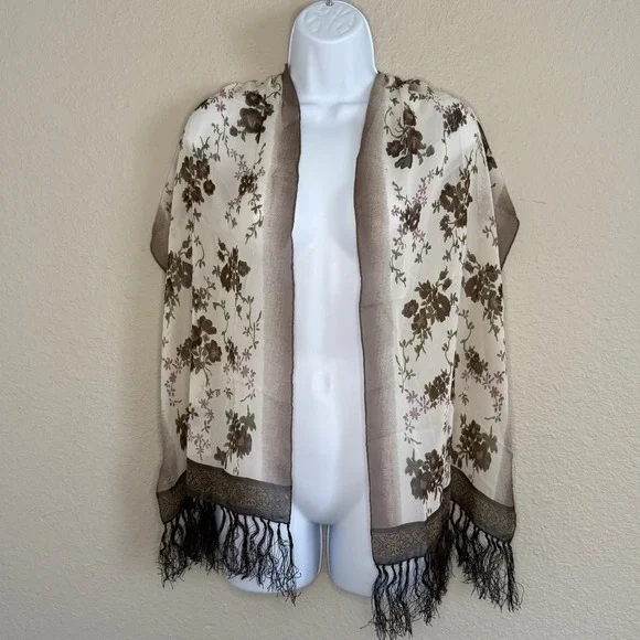 Liz Claiborne Silk Cottage Boho Floral Scarf Fringe Brown Fairy Grunge Prairie