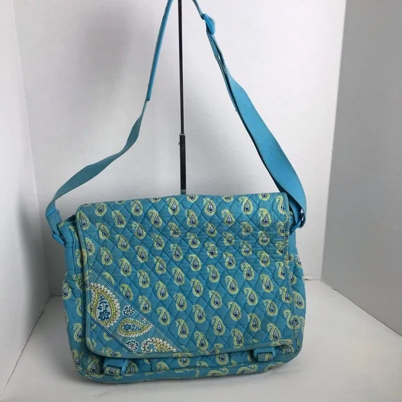 Vera Bradley Blue Paisley Quilted Laptop Multi Pocket Large Messenger Bag