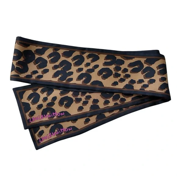Louis Vuitton 100% Silk Scarf M 72394 Brown Black Leopard Print Bandeau Designer