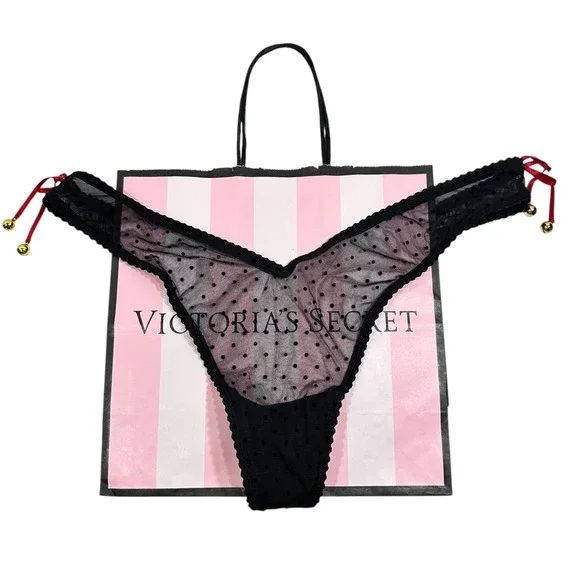 Victoria's Secret High-Leg Thong Panty L Black‎ Polka Dot Mesh Red Ribbon Bells