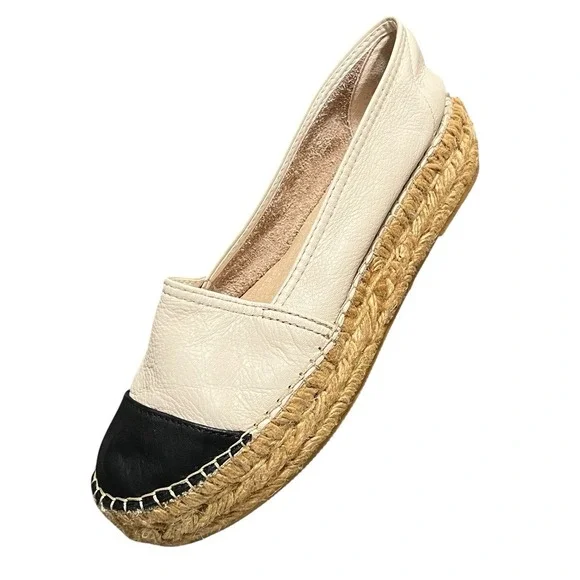 Macarena Leather Espadrille Platform Flats 39 US 9 Ivory Black Comfort Classic