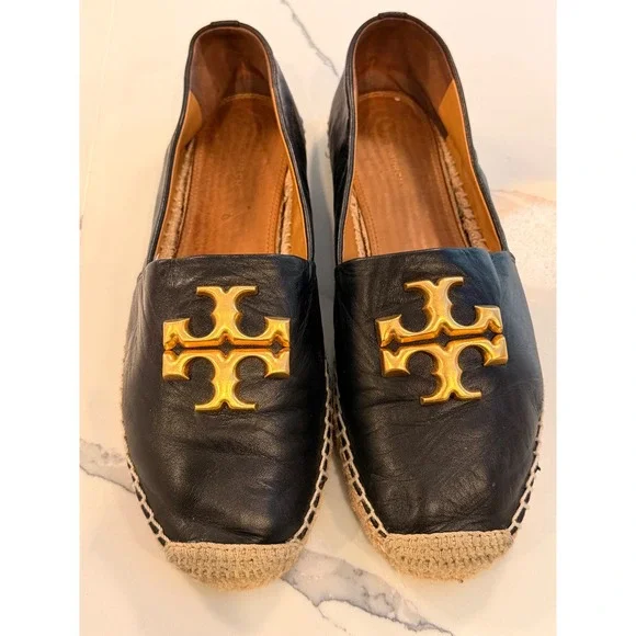 Tory Burch Elanor Black Leather Espadrille Flats Gold Logo Size 9.5