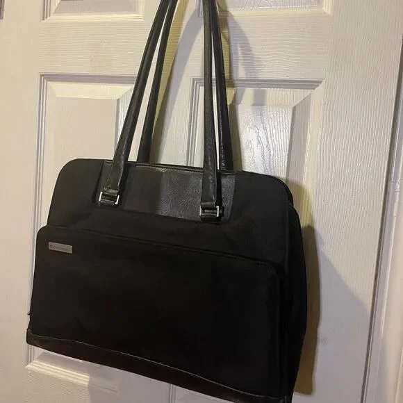 Victorinox Swiss Black Canvas &leather laptop Bag Briefcase silver tone hardware