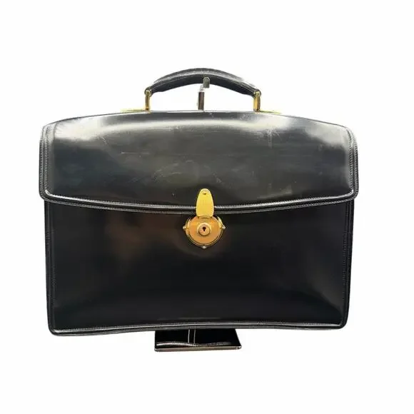 Vintage Bally Black Leather Locking Briefcase Attache Gold Hardware