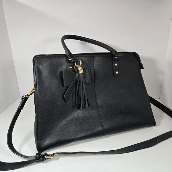 ECOSUSI Black Vegan Leather Laptop Briefcase Bag with Bow and Tassel Accent Mens