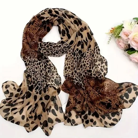 Leopard Print Scarf Sheer 58'x18' Dark Brown Coffee NWT