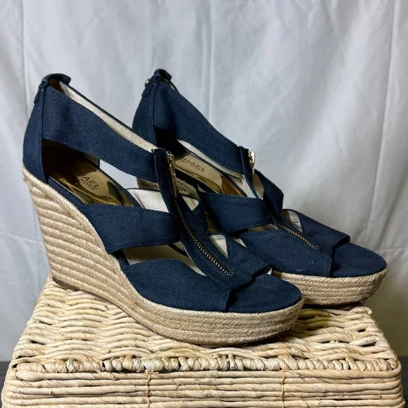 Michael Kors Navy‎ Canvas Espadrille Wedge Sandals Gold Zip Size 9.5