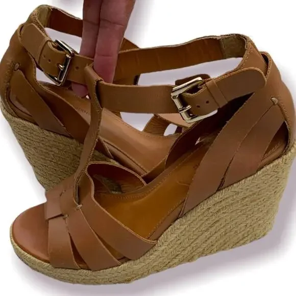 Madison Harding Espadrille Brown Leather Wedges Size 6