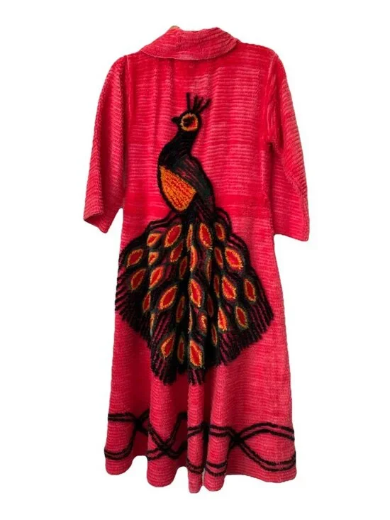 40s 50s chenille peacock robe NO BELT bright pink midcentury S/M RARE COLOR