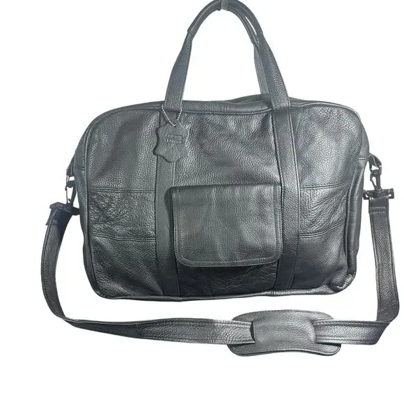 Caroll Black Leather Briefcase Laptop Work Bag with Shoulder Strap
