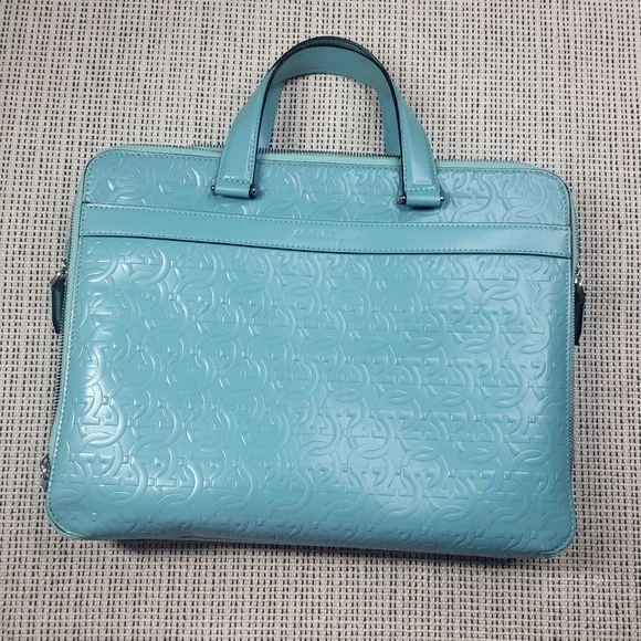Salvatore Ferragamo Gancini Laptop Bag Womens‎ Large Turquoise Leather Embossed