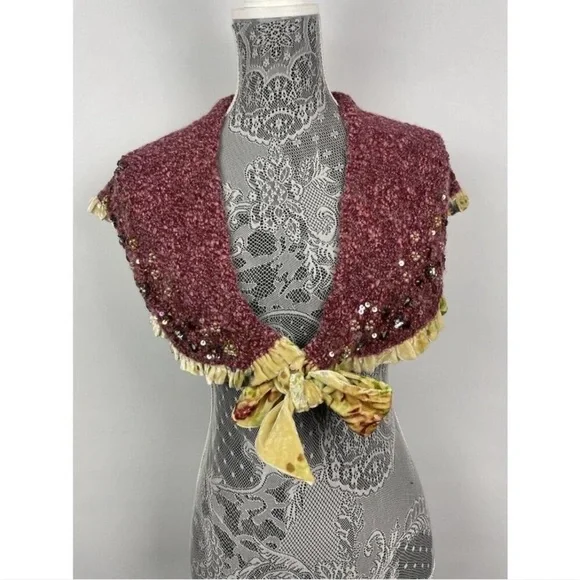 Moth Anthropologie Rose-Mauve Sequin Knit Scarf with Yellow Floral Bow Capelette