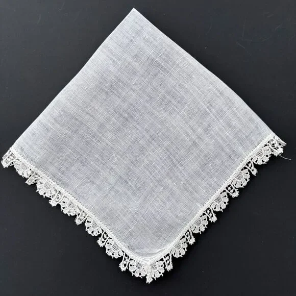 Linen Lace Edge Bride Wedding Handkerchief Cottage Core Granny Feminine Vintage