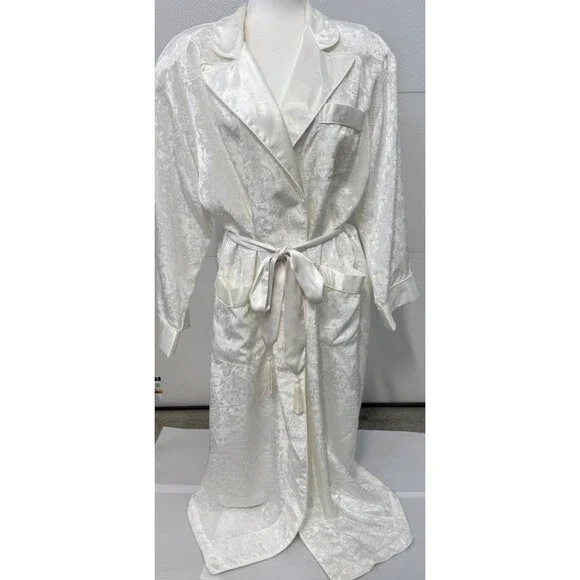 Vintage Long Womens Robe Ivory Victoria Secret Gold Label Bridal Pockets Sz M/L