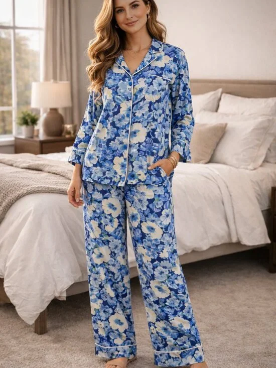 Lauren Ralph Lauren‎ Floral 3/4 Sleeve Notch Collar Long Pants Pajama Set Sz L