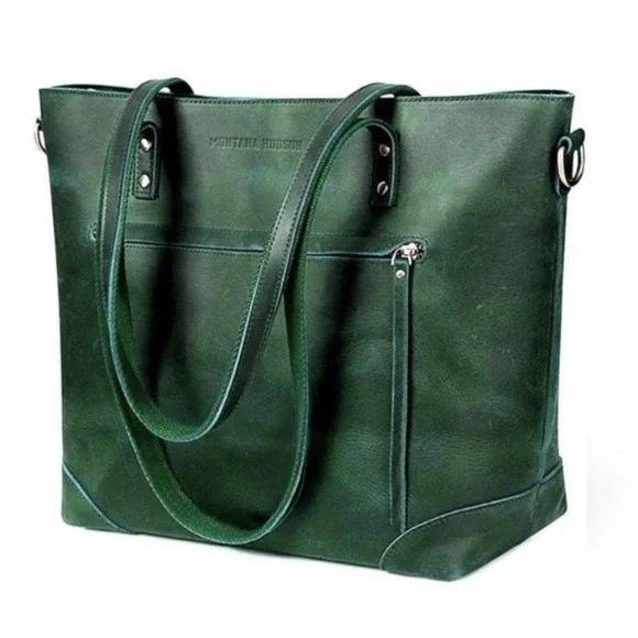 Montana Hudson Eva Leather Green Zip Tote Laptop Bag w/ Shoulder Strap