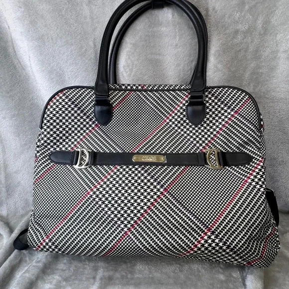 Chaps by Ralph Lauren Houndstooth‎ Canvas/Leather Duffle Bag Removable Strap