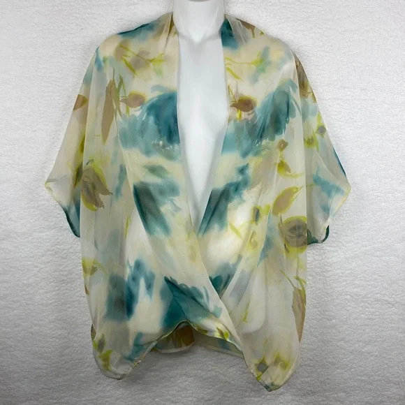 Tommy Bahama Womens Large 100% Silk Watercolor Floral Kimono Wrap Teal Lime