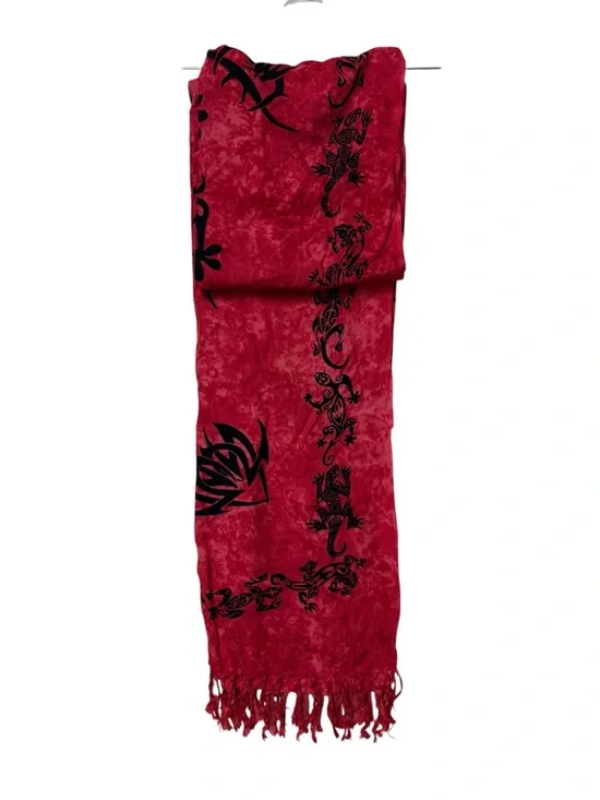 Red Fringe Scarf with Black Tribal Print