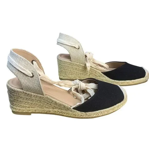 Open Edit Tan & Black Ankle Wrap Espadrille Sandals Size 8.5 NWOT