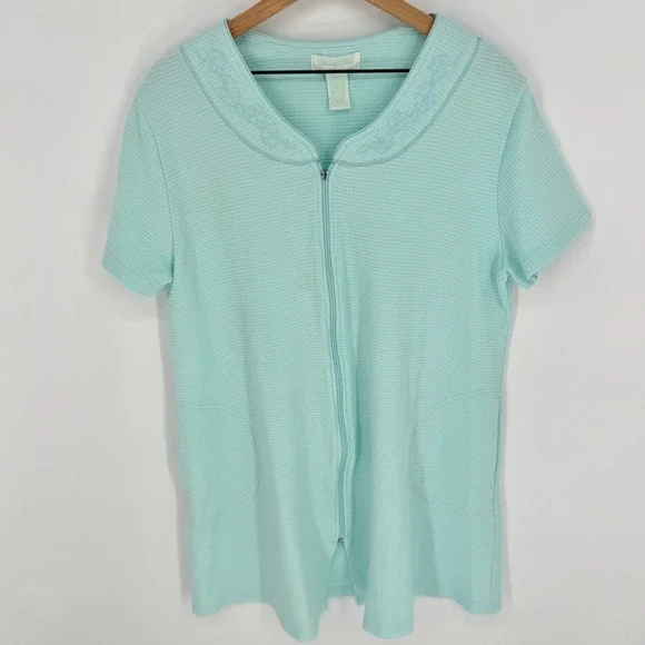 VTG Vanity Fair‎ Mint Green Waffle Knit Zip Robe L Housecoat Spa Knee Length