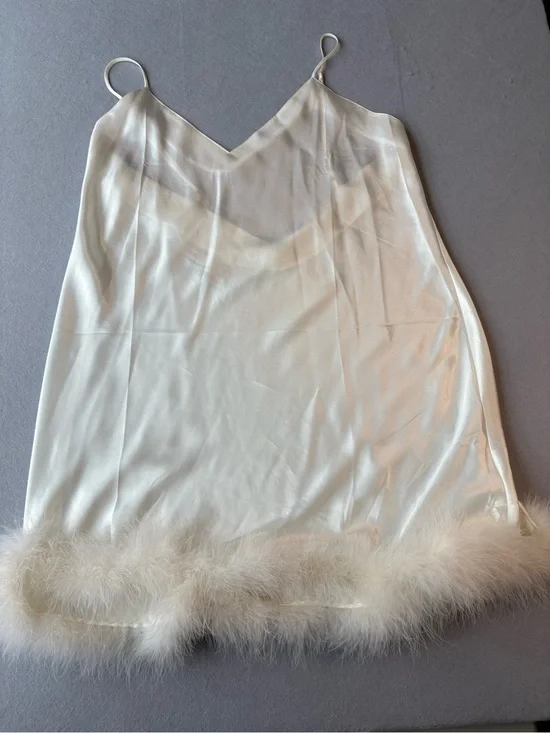 Vintage Victoria's Secret Gold Label Ivory Satin Slip with Marabou Hem Sz L