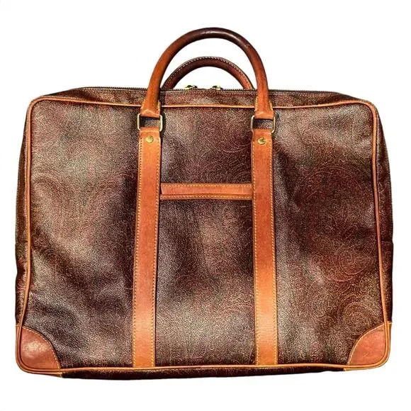 ETRO Vintage Paisley Bag Leather Briefcase Travel Office Dual Top Handle Lined