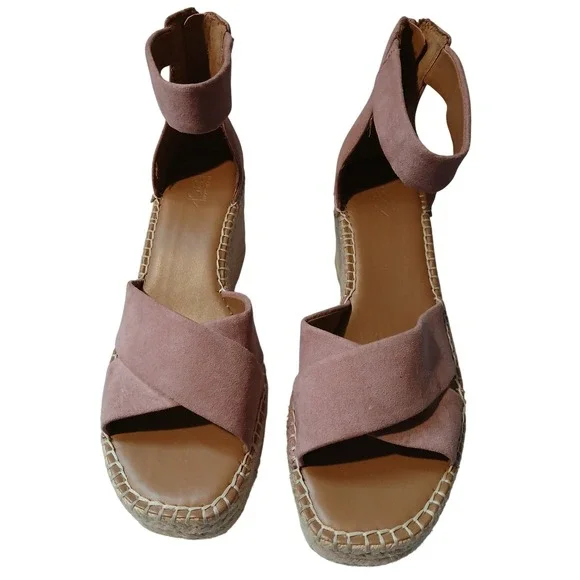 Womens Pink Suede Espadrille Wedge Sandals Ankle Strap Zip Size‎ 8