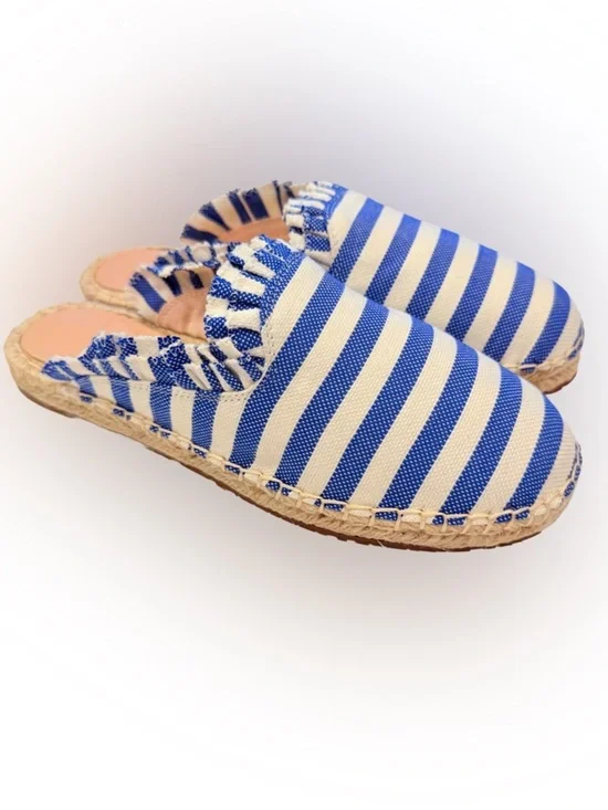 Kate Spade Laila Blue & Ivory Ruffle Espadrilles Mules Size 7.5 Slide Shoes NIB