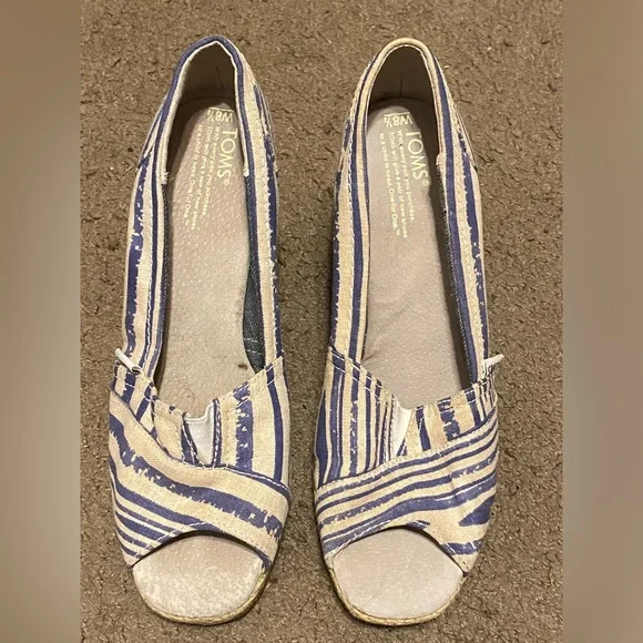 Toms White Blue Stripe Canvas Rope Peep-Toe Wedges Womens Size‎ 8.5