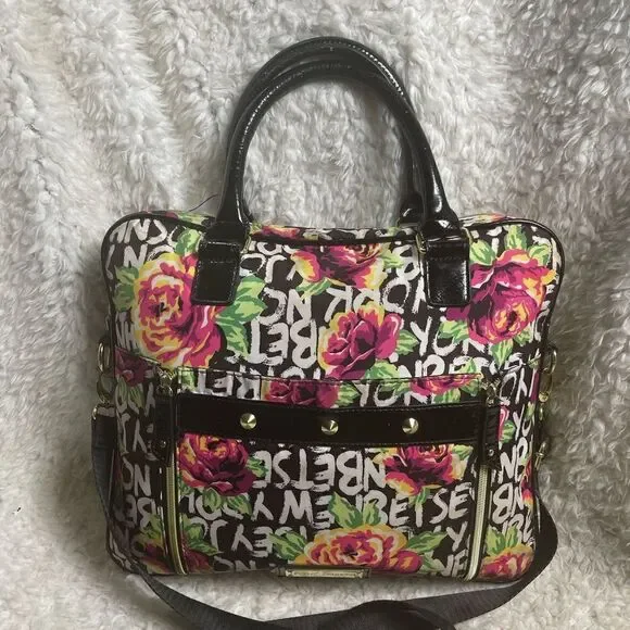 Betsey Johnson Nylon colorful large laptop shoulder bag black patent trim &strap