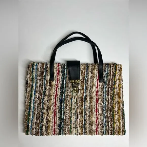 Vintage Sherpa Knit Multicolor Two Black Two Straps Hand Bag Laptop Bag
