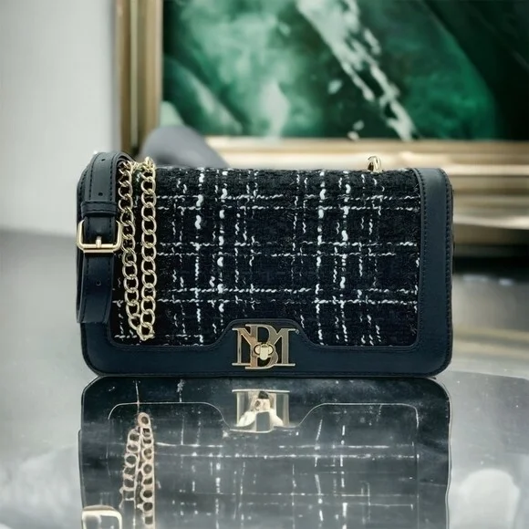 Badgley Mischka Wool Vegan Leather Plaid Crossbody Tote Purse Women’s Bag NWT