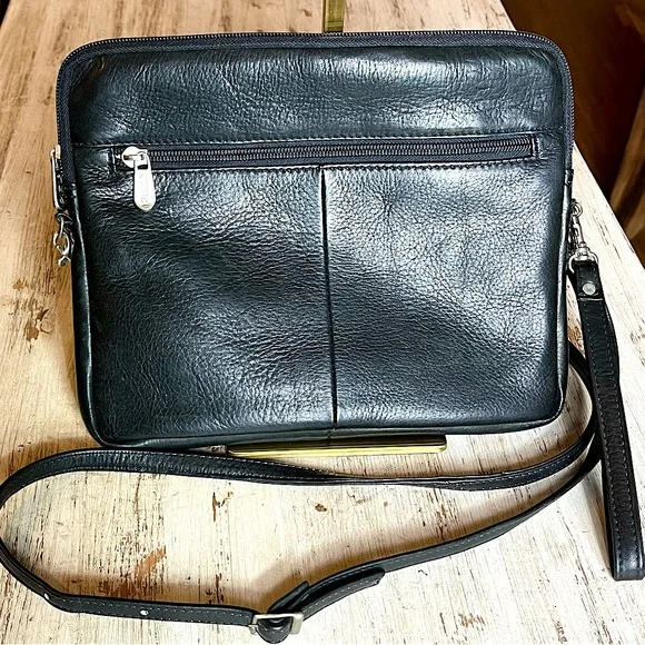Piel IPAD & TABLET Black Leather Crossbody Shoulder Wristlet Bag Black Unisex