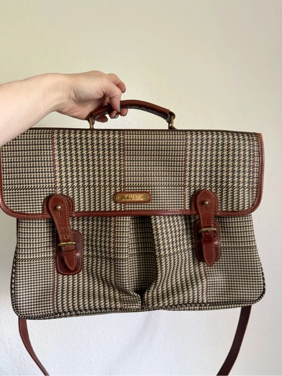 Polo by Ralph Lauren Brown Houndstooth Leather-Trim Briefcase
