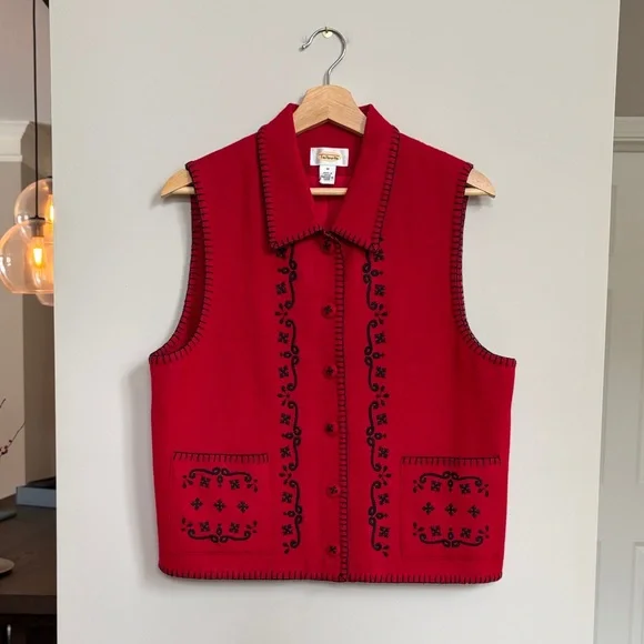 Talbots Red‎ Embroidered Folk Vest Wool