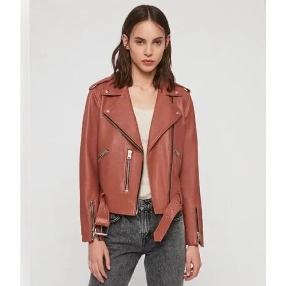 All Saints Balfern Belted Hem Leather Biker Jacket in Rosewood, in size 4 US