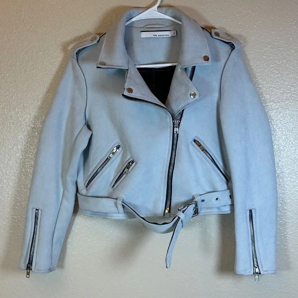 The Archives Light Blue Faux‎ Suede Moto Biker Jacket Womens Medium S5169