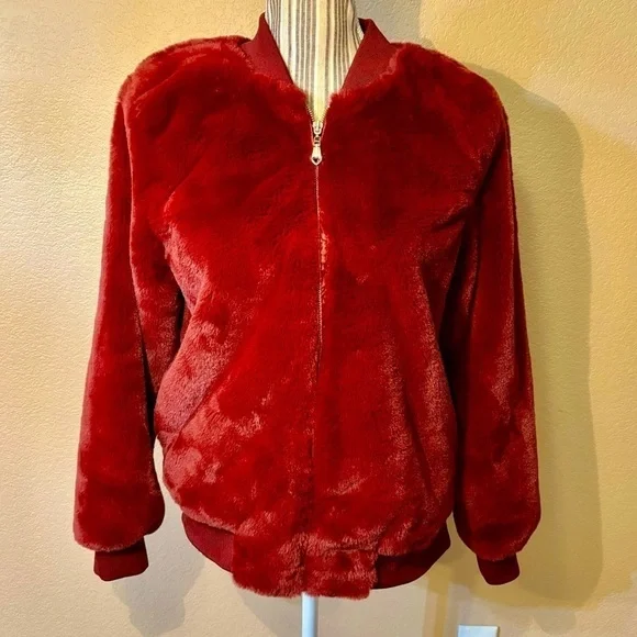 NEW Say What? Jacket Medium Faux Fur Maroon Red Teddy Bomber Jacket Cozy NWOT