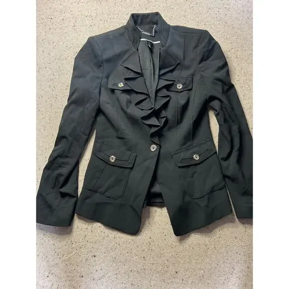 White House Black Market Blazer Women's 2 Black Ruffle Lapel Gold Buttons WHBM