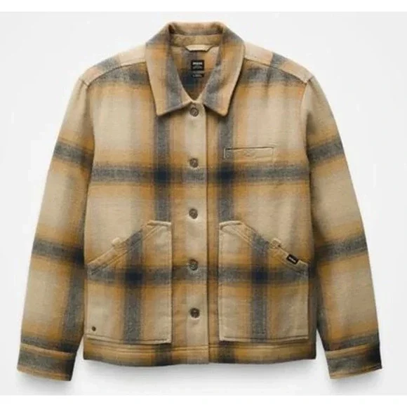 Prana Bridges Flannel Jacket Sandstone Plaid Quilted Lining Womens M NEW