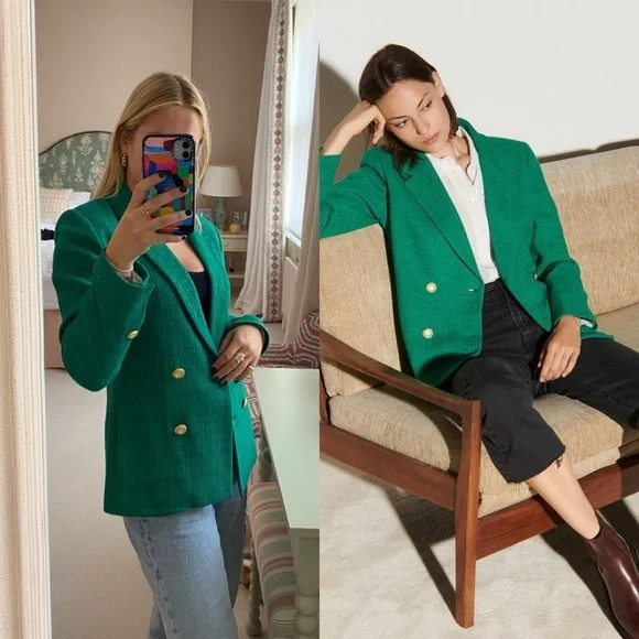 SANDRO Jacy Tweed Double Breasted Blazer Emerald Green Sz 42 EU / US 10